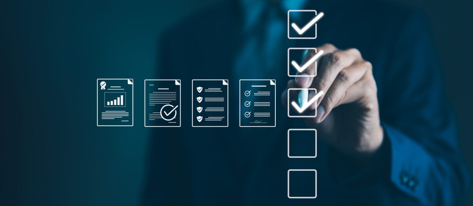Quality Assurance and Document Control with Checklist Icons. Businessman mark off items on digital checklist, representing quality assurance and document control processes, verification and compliance