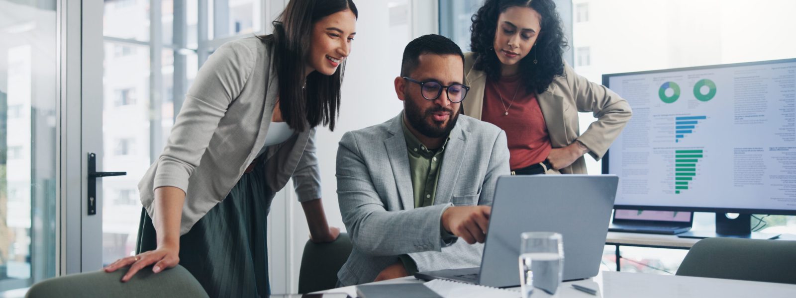 Teamwork, meeting and ideas for solution or decision for business, workplace or company. Group, people and discussion with technology in planning, collaboration for growth in brainstorming or project